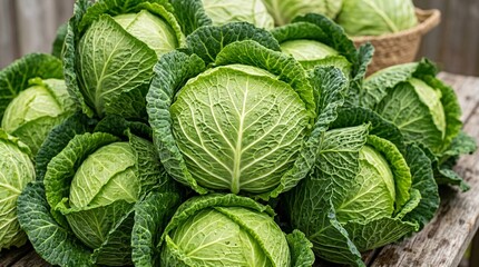 Fototapeta premium Vibrant macro photography of a large dense pile of freshly harvested organic green cabbages, showcasing the intricate crisp leaf textures.