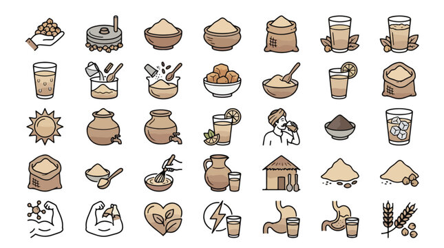 Sattu Protein Drink Icon Set in Line Style. A collection of sattu preparation linear icons, including roasted gram, flour, mixing, energy, stomach, muscle, glass, nutrition