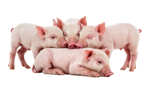 Group of five adorable pink piglets cuddling together, isolated on transparent background