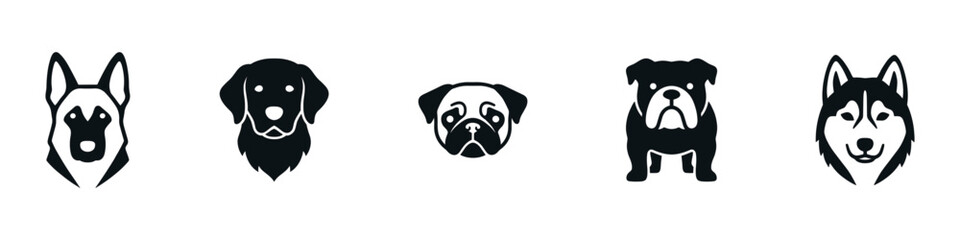 Dog breeds head icons set. Pedigree pets vector silhouettes including Husky, Pug, Bulldog and Retriever. Vector Illustration.   © Roberto_Caravelli