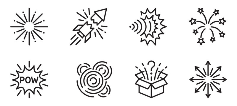 Explosion and fireworks icon set. Comic speech bubbles and blast effects vector silhouettes. Vector Illustration.	
