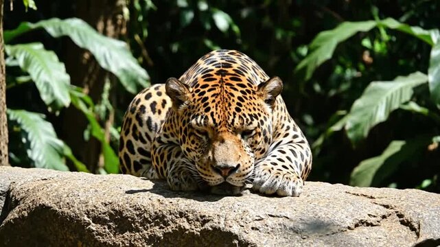 Majestic jaguar resting on a rock, observing the environment with captivating eyes and a watchful pose in a vibrant tropical habitat.
