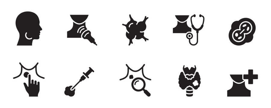 Thyroid gland medical icons set. Endocrinology, ultrasound and biopsy diagnostic vector silhouettes. Vector Illustration.	
