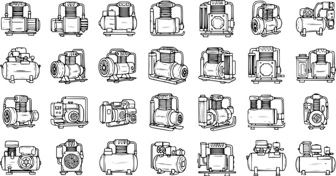 Industrial Air Compressors Black and White Line Art Set for Workshop, Construction, and Automotive Pneumatic Equipment Collection