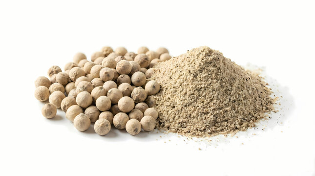 A heap of organic cumin and coriander seeds with dry peppercorns isolated on a white background creates a healthy spice ingredient blend for aromatic cooking