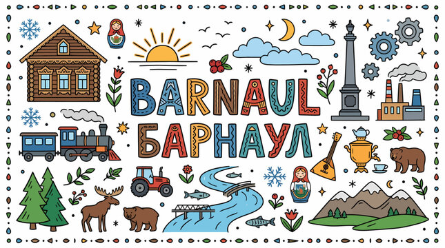 Barnaul City Landmark Doodle Art | Russia Travel Icons