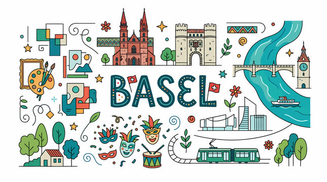 Basel Cityscape Doodle Art with Landmarks and Symbols