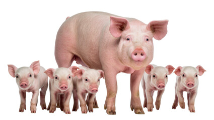 Pink mother pig with five piglets standing together, isolated on transparent background © Lukas
