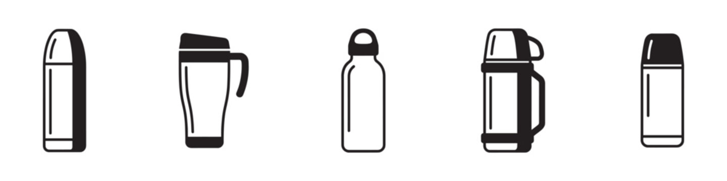 Set of reusable water bottles, thermos flasks, and travel mugs icons. Vector Illustration.	