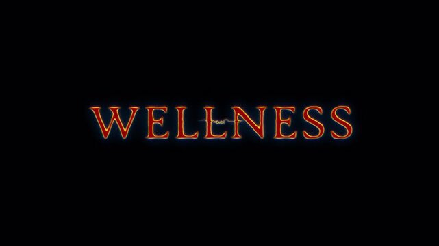 Wellness neon red spark lightning glitch text animation on black abstract background.  Promote advertising concept isolate using QuickTime Alpha Channel proress 444