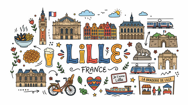 Lille France Doodle Art: Landmarks, Culture, and Cityscape