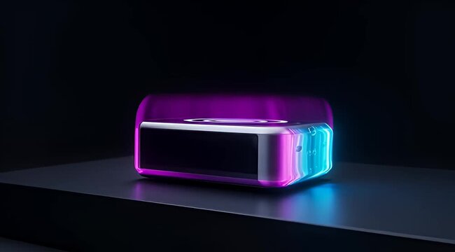 Futuristic smart speaker with neon purple and cyan lighting, sleek modern electronic device on dark background, high-tech wireless audio equipment