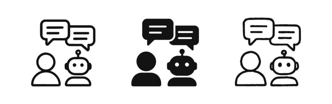 Human and AI Chatbot Detailed Conversation Icons with Multiple Speech Bubbles