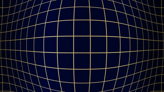 Dark blue digital grid motion background with golden fish-eye distortion effect for technology science and cyber space concept backdrop
