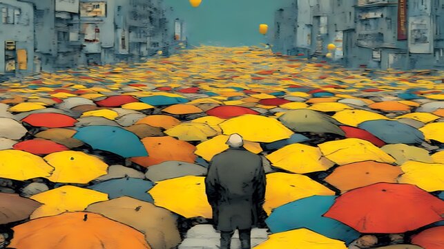 man stands before sea of umbrellas in street