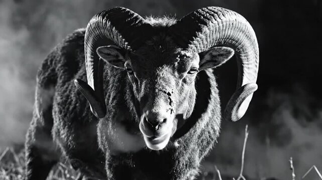 Powerful black and white portrait of a ram in the outdoors with massive curled horns and visible breath