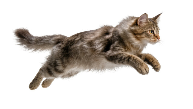 Fluffy tabby cat mid-air jump, isolated on transparent background