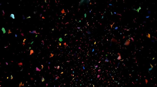 Colorful confetti falling on black background, vibrant paper scraps floating in slow motion, festive celebration particles for party overlay