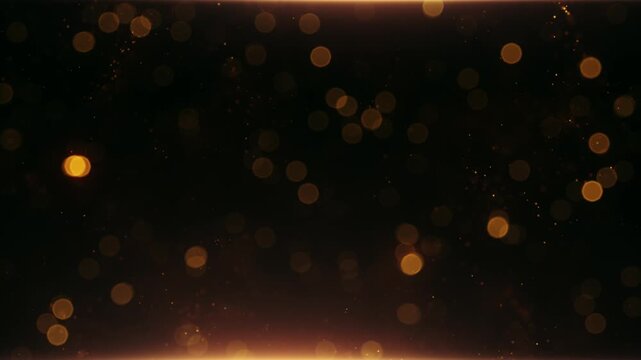 Abstract animation glow gold bokeh particles flow on black background. 4K 3D seamless looping gold orange  bokeh particles dust fly in the air. 