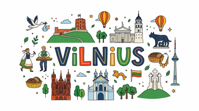 Vilnius Cityscape with Famous Landmarks and Symbols