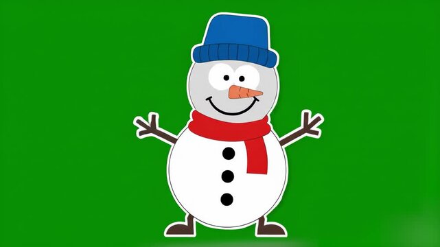 A happy, stylized snowman wearing a blue hat and red scarf is dancing joyfully against a green screen background. This seasonal character is excellent for winter holiday projects, Christmas promotions