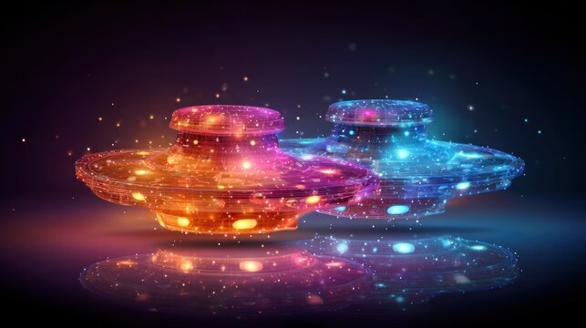 Two glowing, futuristic, spaceship-like objects float above a reflective surface