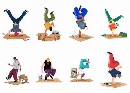 Set of eight male breakdance illustrations featuring urban street dancers performing power moves like handstands and freezes on cardboard sheets.