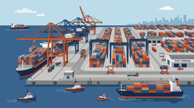 Minimalist flat vector illustration of a busy cargo ship port terminal
