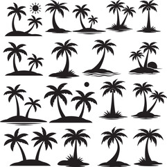 Fototapeta premium Tropical Palm Tree Silhouette Set with Island Landscapes and Beach Scenes Collection