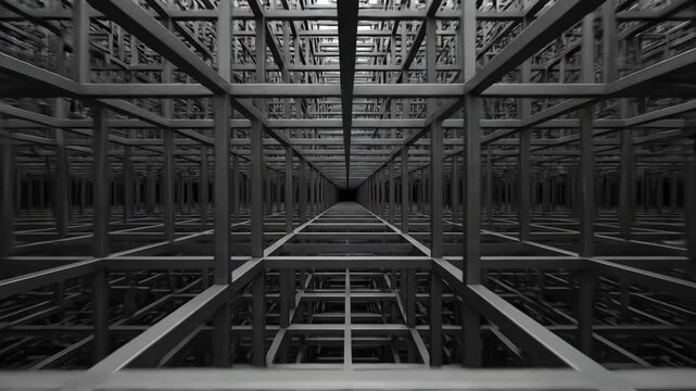 A structured network of cubic cells forming a labyrinth-like geometric background, precise square grids and linear connections creating depth and order, monochrome palette with crisp contrast, modern