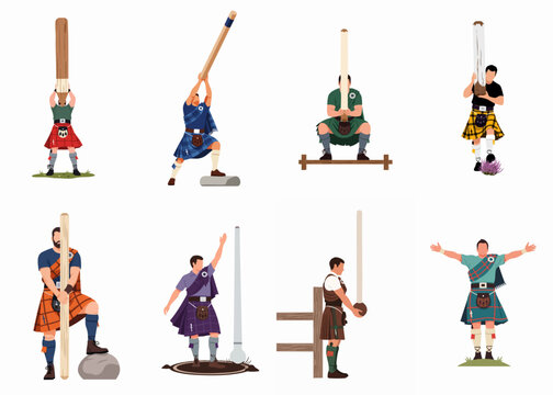 Collection of flat vector illustrations depicting men in traditional Scottish kilts participating in various stages of the Highland Games caber toss.