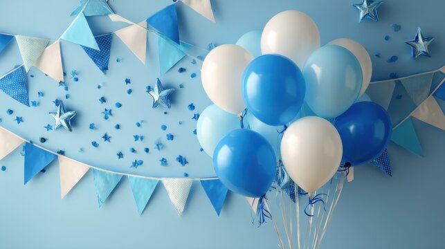 Bunch of blue and white helium balloons with star foil balloons and bunting flags. Festive decoration for birthday party or baby shower celebration. Concept of holiday event background.