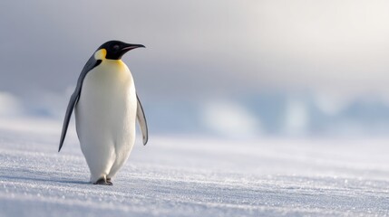 Obraz premium Emperor penguin walking on ice in Antarctica. Wildlife in frozen landscape with snow. Natural habitat of seabird in polar region. Biology, environmental protection and nature concept.