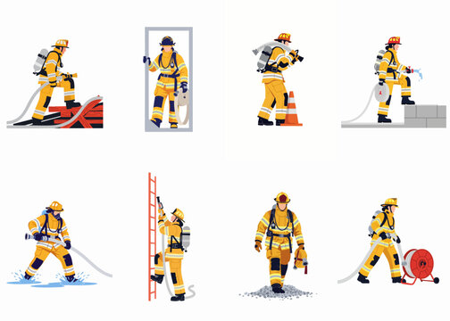 Set of vector illustrations of brave firefighters in uniform performing various rescue and firefighting tasks, including climbing ladders, using hoses, and navigating obstacles.