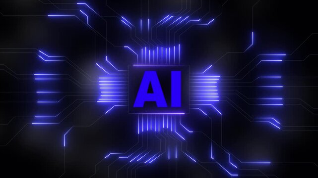 Futuristic ai chip with blue energy on a dark circuit board background artificial. AI technology with circuit board and processor chip. Futuristic digital system and machine learning data concept.