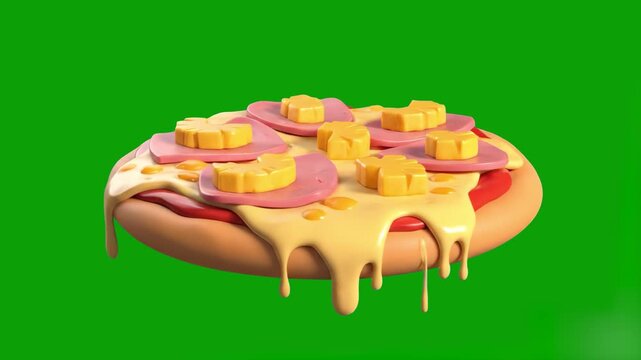 A detailed 3D render of a pizza featuring thick slices of ham, pineapple chunks, and gooey melting cheese over the edge, isolated on green screen. This high-quality food animation is designed for prof