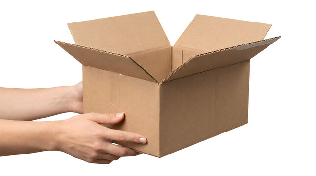 A pair of human hands gently presents an open empty brown corrugated cardboard delivery box Its top flaps are spread wide indicating readiness for pac