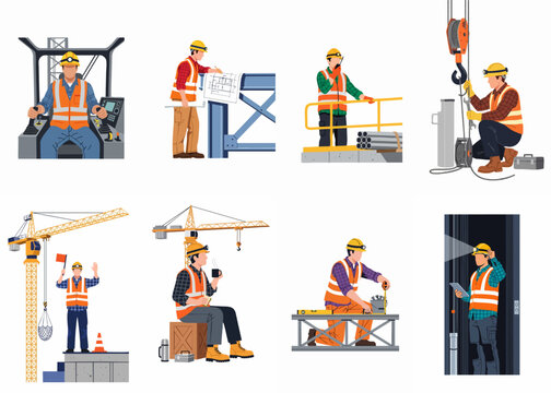 Collection of flat vector illustrations depicting construction site workers in various roles, from engineers and operators to inspectors and signalmen.