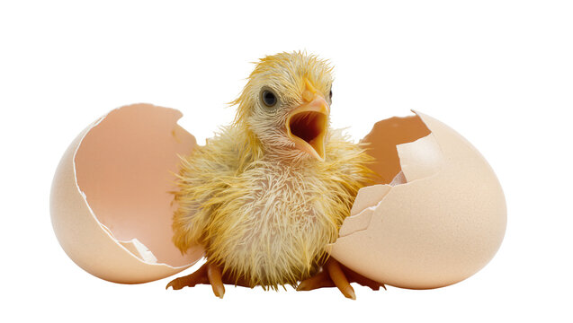 Newborn yellow chick emerging from cracked eggshell, isolated on transparent background
