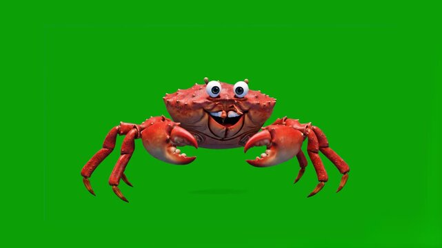A detailed 3D animated red crab with a realistic shell texture dancing and waving its claws. The animation is isolated on a chroma key green background for marine-themed videos and digital compositing