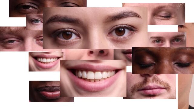 Collage portrait stop motion of diverse people combining eyes and smiles into unified human face. Concept of shared identity, global community, emotional connection, inclusivity, human unity message.