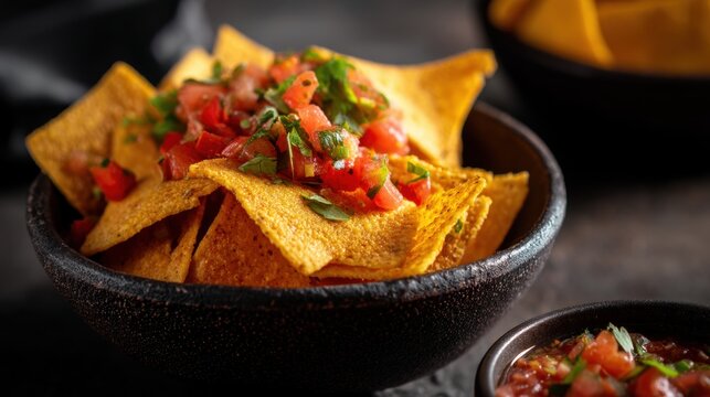 Nachos with fresh salsa in a black bowl. Crispy corn tortilla chips topped with tomatoes and herbs. Traditional Mexican snack for party and appetizer menu. Tasty fast food cuisine concept.