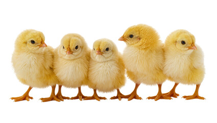 Five fluffy yellow baby chicks standing together, isolated on transparent background © Lukas