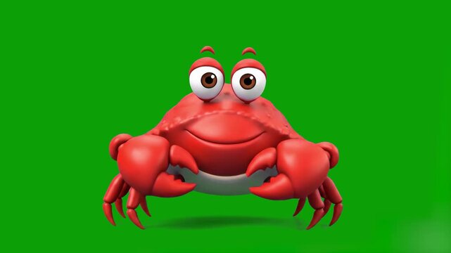 A vibrant red, shiny 3D animated crab character dancing happily. It waves its claws and moves in a cheerful manner, isolated on a green screen background for professional chroma key use.