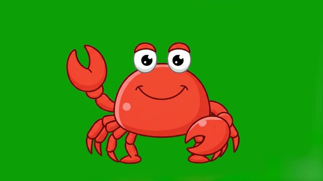 A friendly 2D animated red crab character waving its claw and smiling, isolated on a green chroma key background. Perfect for children's educational content, marine life animations, or beach-themed pr