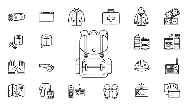 Various items for emergency preparedness and survival are shown in a collection of icons including a backpack, first aid kit, food, and clothing.