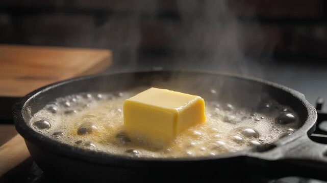 Melting Butter: A close-up shot of a perfect pat of butter, gradually melting and transforming into a rich, golden liquid inside a cast iron pan. Generative AI.