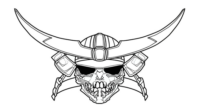 Intimidating warrior skull with horned helmet and crossed axes vector illustration. Black and white emblem design.