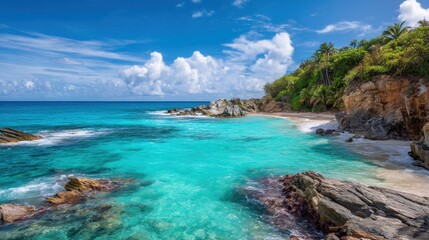 Fototapeta premium Tropical beach with turquoise sea and rocky coastline. Scenic landscape with exotic palm tree and white sand beach. Paradisiacal summer travel destination for peaceful island vacation.