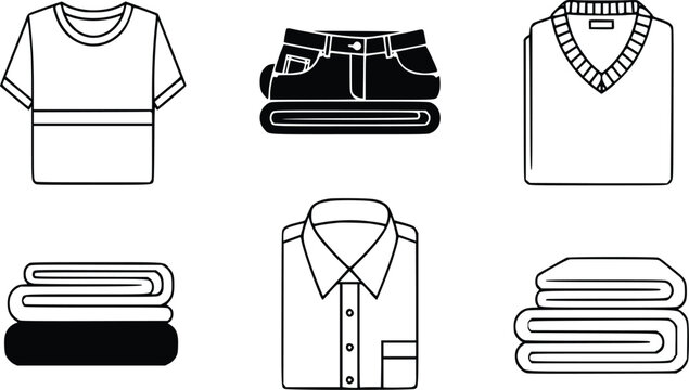 Simple line drawings of various folded and unfolded clothing items including t shirts, shirts, jeans and sweaters.